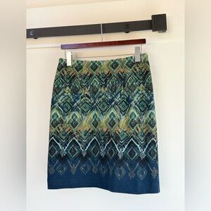J.Jill Peacock Blue Green Print Textured Knit Skirt Womens XS Business W…